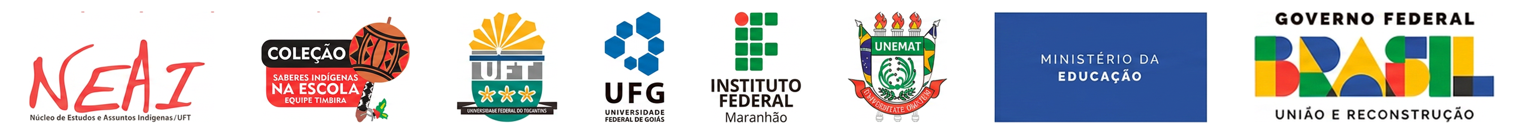 Parceiros: Saberes Indígenas na Escola · NEAI · Coleção Equipe Timbira · UFT · UFG · IFMA · UNEMAT · Ministério da Educação · Governo Federal